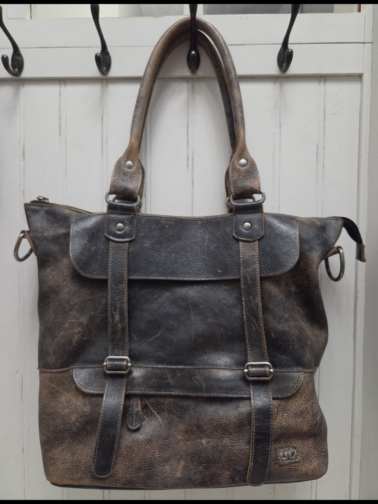 Bed Stu Handbags - Bed Stu Big Fork Distressed Two-Tone Brown Leather Shoulder Bag Purse